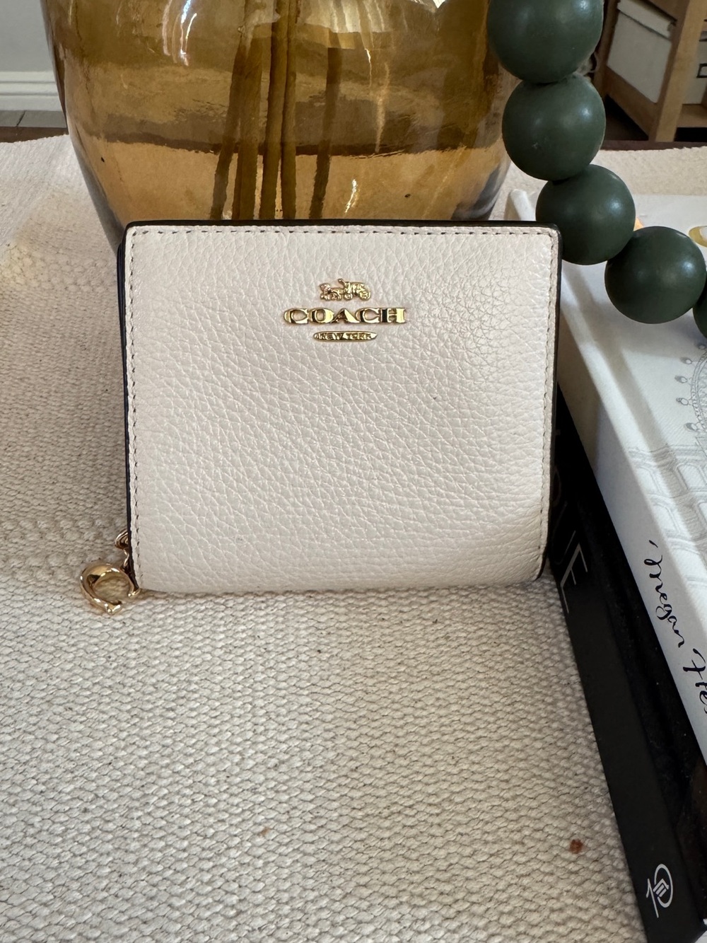 Coach Chalk Pebbled Leather Compact Zip Wallet with Gold Hardware